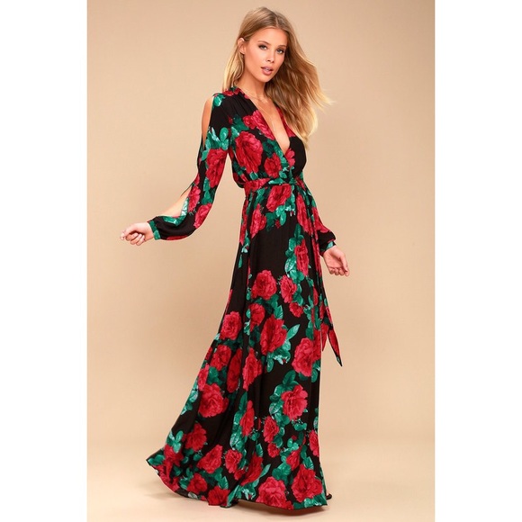 Lulus Dresses & Skirts - Lulus red rose cold shoulder maxi dress size large
